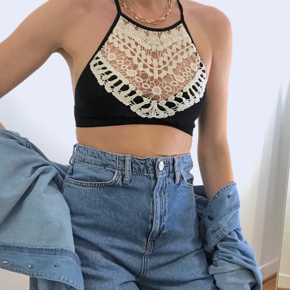 Lace Bralette Seamless Crochet High Neck - Picture 2 of 5